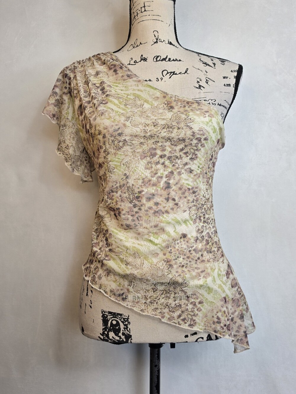 NEW See You Monday One-Shoulder Mesh Top - Floral Leopard Sheer Overlay (L)